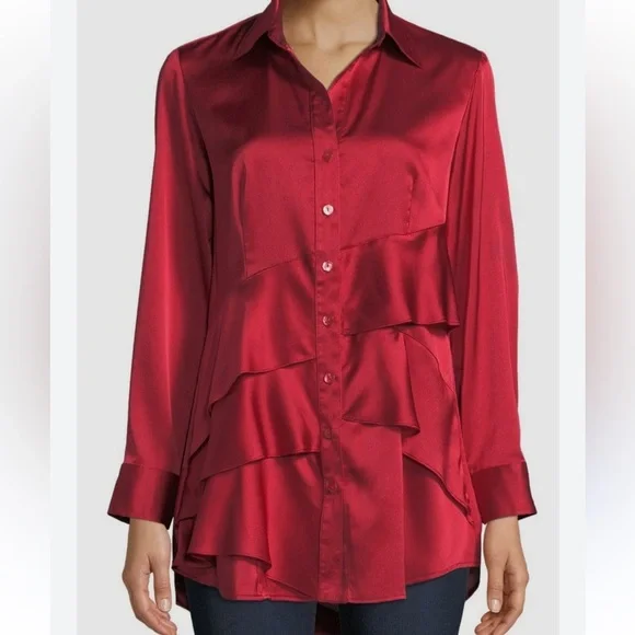 Finley | Long Sleeve Button Down Tiered Ruffle Satin-like Blouse. Size Medium - Picture 7 of 7